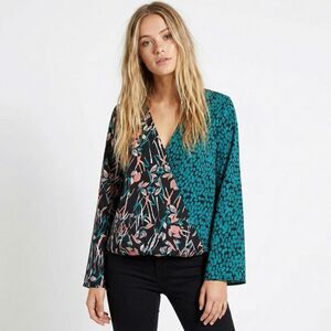 Evereve Teal & Black Floral Mix Wrap Blouse